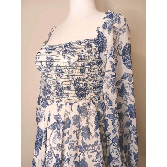 Sachin & Babi Dress Sz Small Blue Floral Shirred Mini w/ Baloon Sleeve Lined NWT - Picture 3 of 16